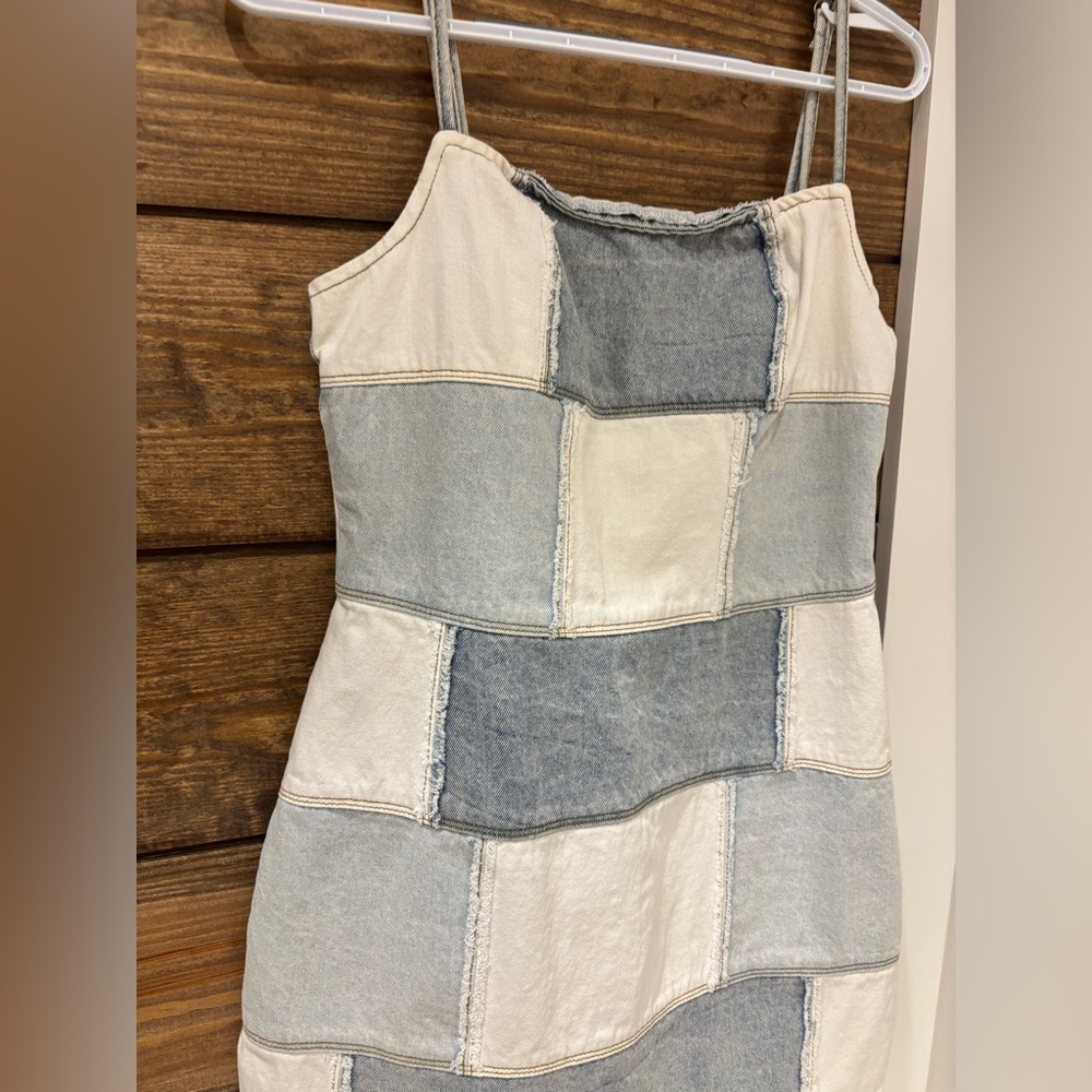 Light Blue Denim Patchwork Mini Dress - image 3